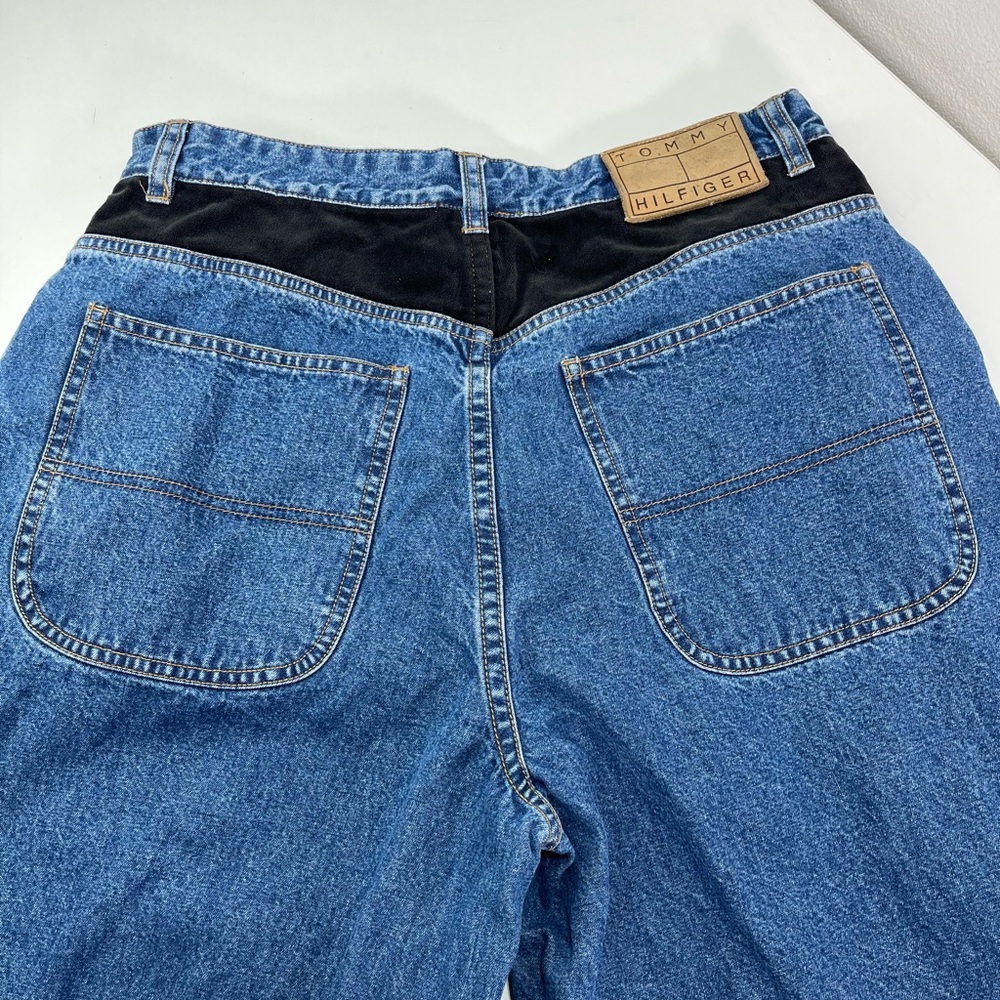 Vtg 90s Tommy Hilfiger Women Denim Jeans 12 Wide Leg Black Velvet Trim